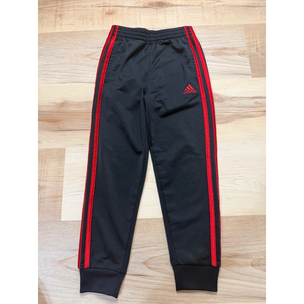 Adidas Kids Black Red 3-Stripe Track Pants Joggers Size 6